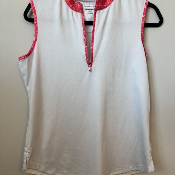 Pebble Beach Size Medium (M) Women's White Golf Polo Shirt with Pink Floral Trim - Picture 1 of 4